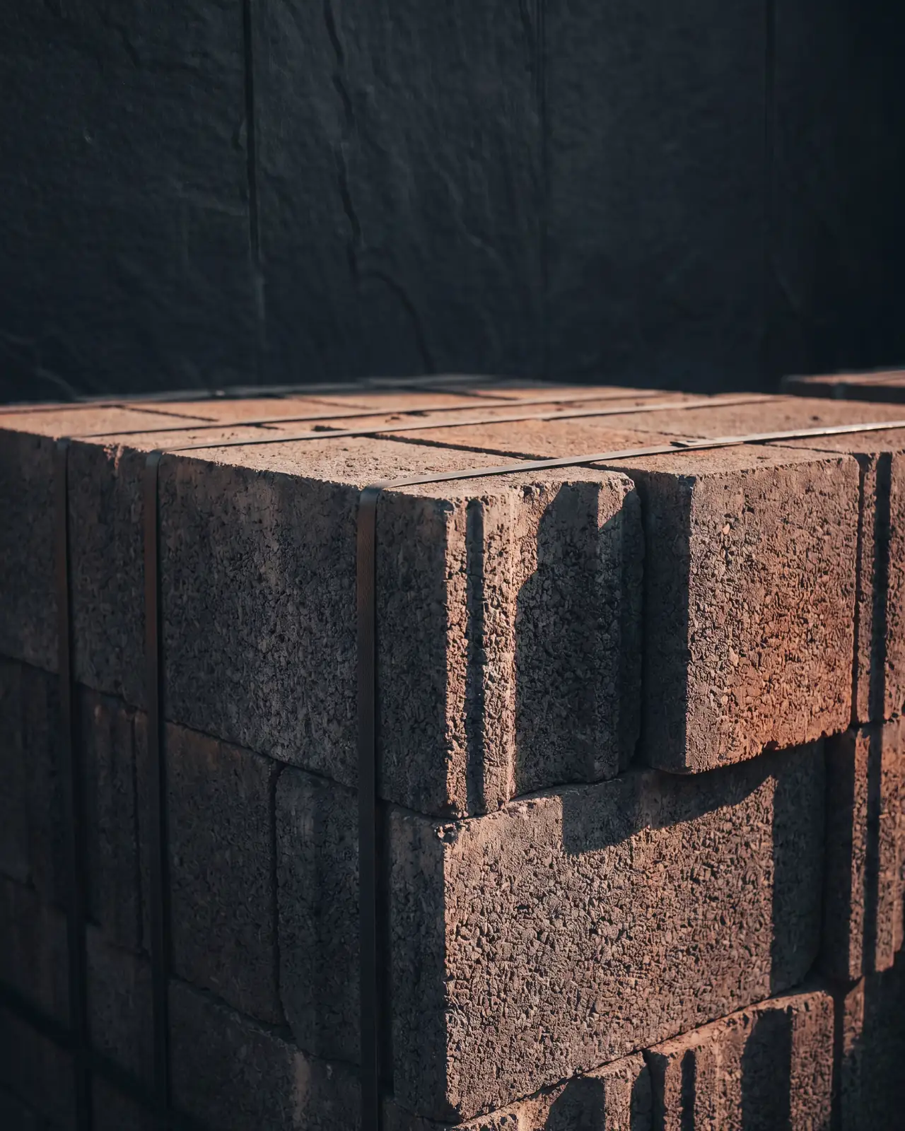 Close up of the corner of a stack of dense concrete blocks, rough aggregate texture under low raking light