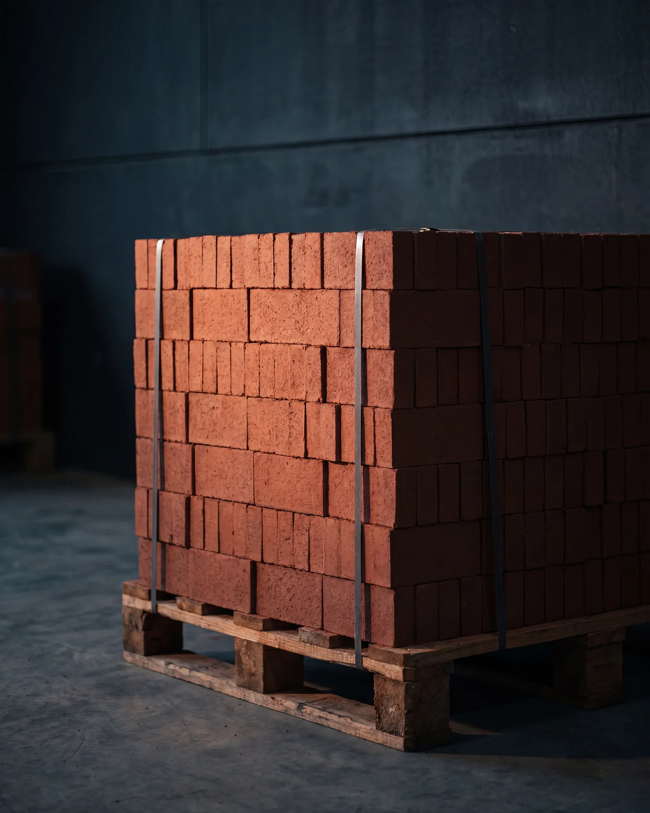 A banded pack of new red facing bricks on a wooden pallet under warm raking light
